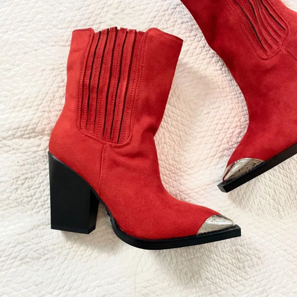 NEW Bright Red Faux Suede Western Cowgirl Silver Metal Snip Toe Cowboy Boots 7